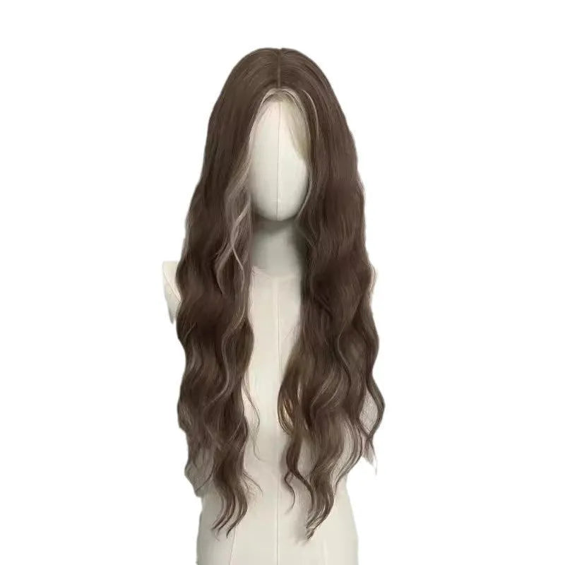 A long curly synthetic wig in a lace grey gold colour on a mannequin head.