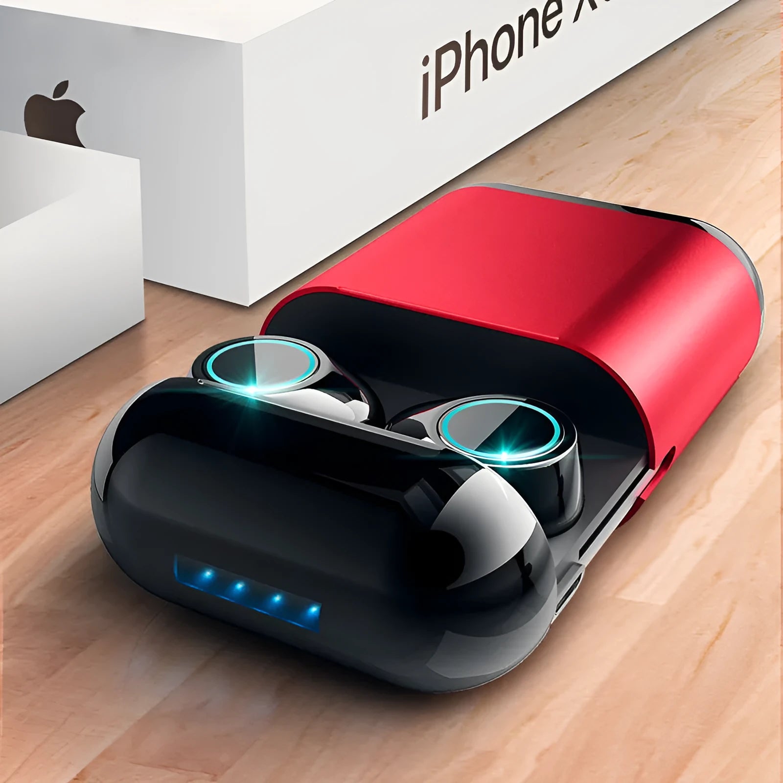 Black wireless Bluetooth TWS earbuds with charging case showing earpieces removed