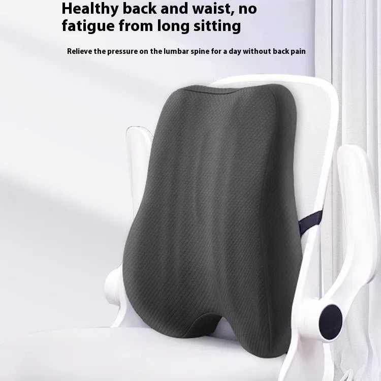 Grey lumbar support pillow for office chairs measuring 40x40x8cm with contoured design