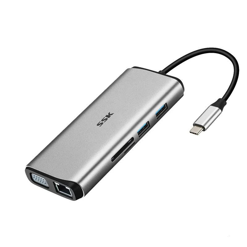 Grey 11-in-1 USB-C hub adapter with HDMI, VGA, Ethernet, USB ports, and a short connecting cable