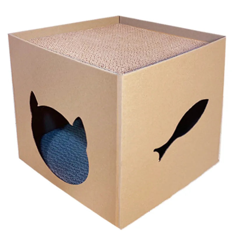 Square corrugated paper cat scratch board with built-in box house in pet milk carton colour