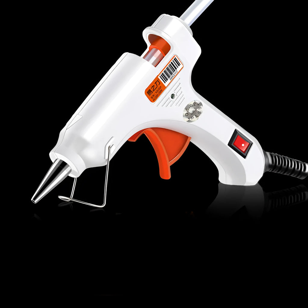 White electric hot melt glue gun with metal bracket stabiliser and anti-heat blanket