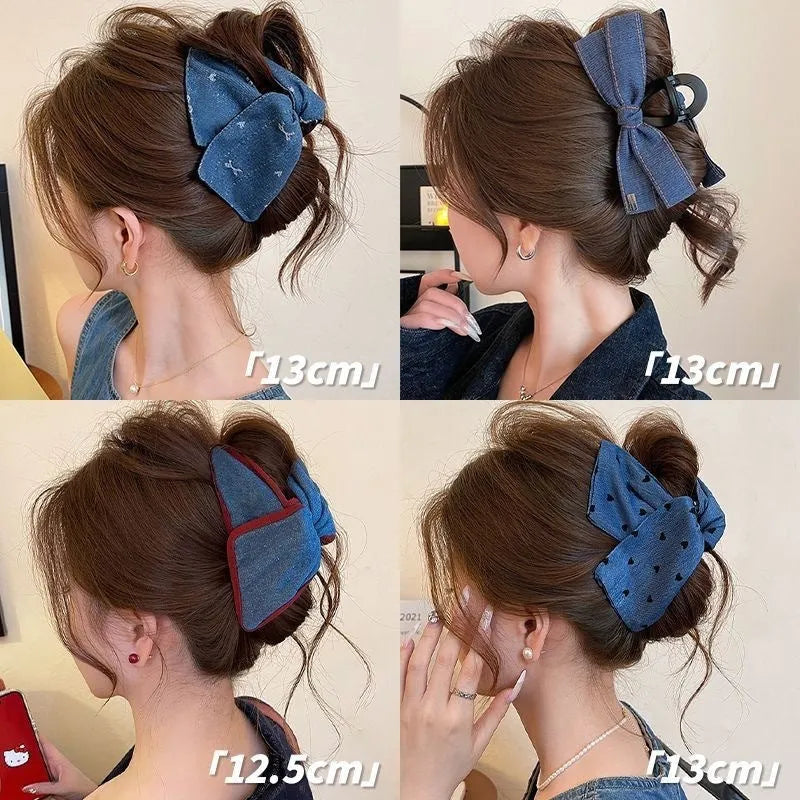 Women's denim bow triangle hair grip with fabric and acrylic details on plastic hairpin