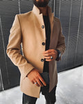 Men's brown woolen stand-up collar mid-length coat jacket, front view, EU sizes XS to 4XL