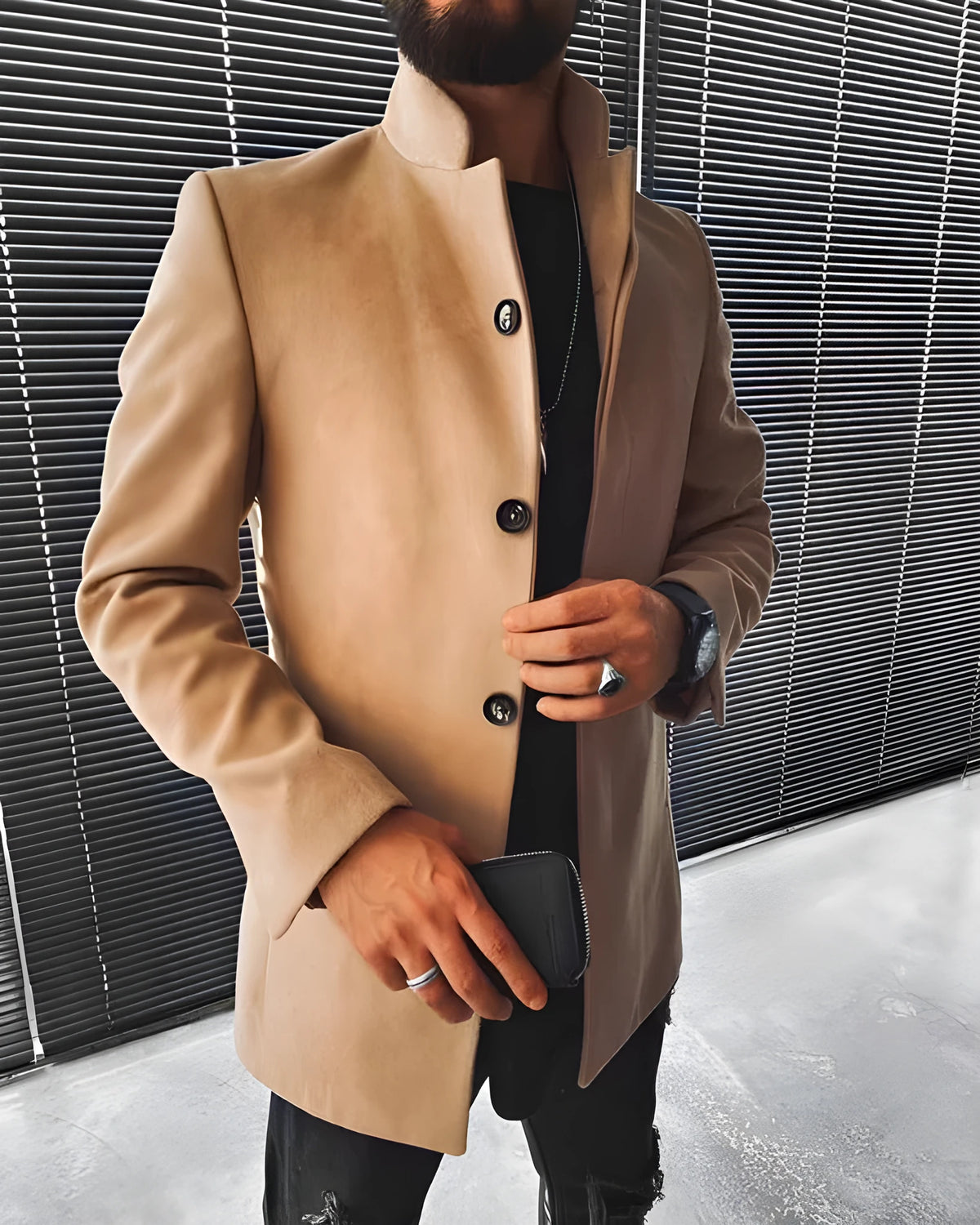 Men's brown woolen stand-up collar mid-length coat jacket, front view, EU sizes XS to 4XL