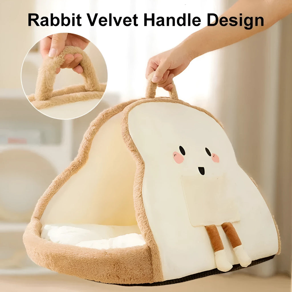 Green winter cat tent with blanket inside showing deep cave design for pet sleeping