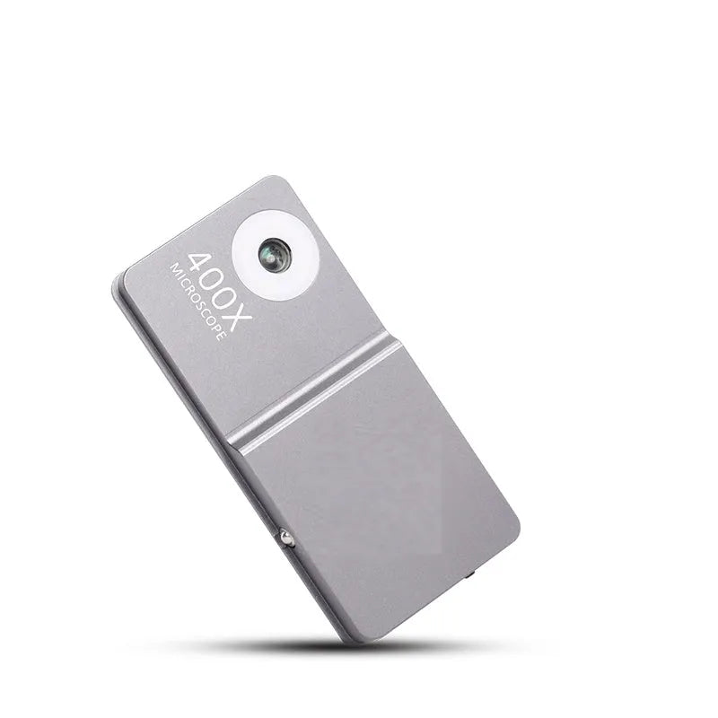 Black and silver 400X mobile phone microscope lens with aluminum alloy TPU case for iPhone.