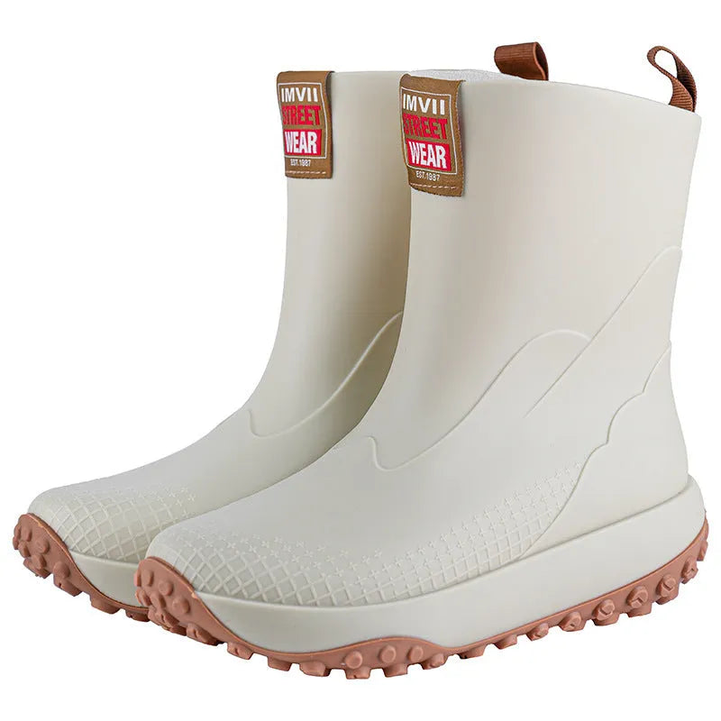 Men's mid-height PVC rain boots in beige colour with non-slip plastic soles