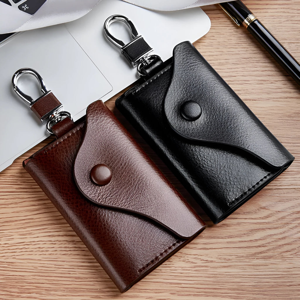 Genuine leather keychain card holder in square vertical design with key organisation