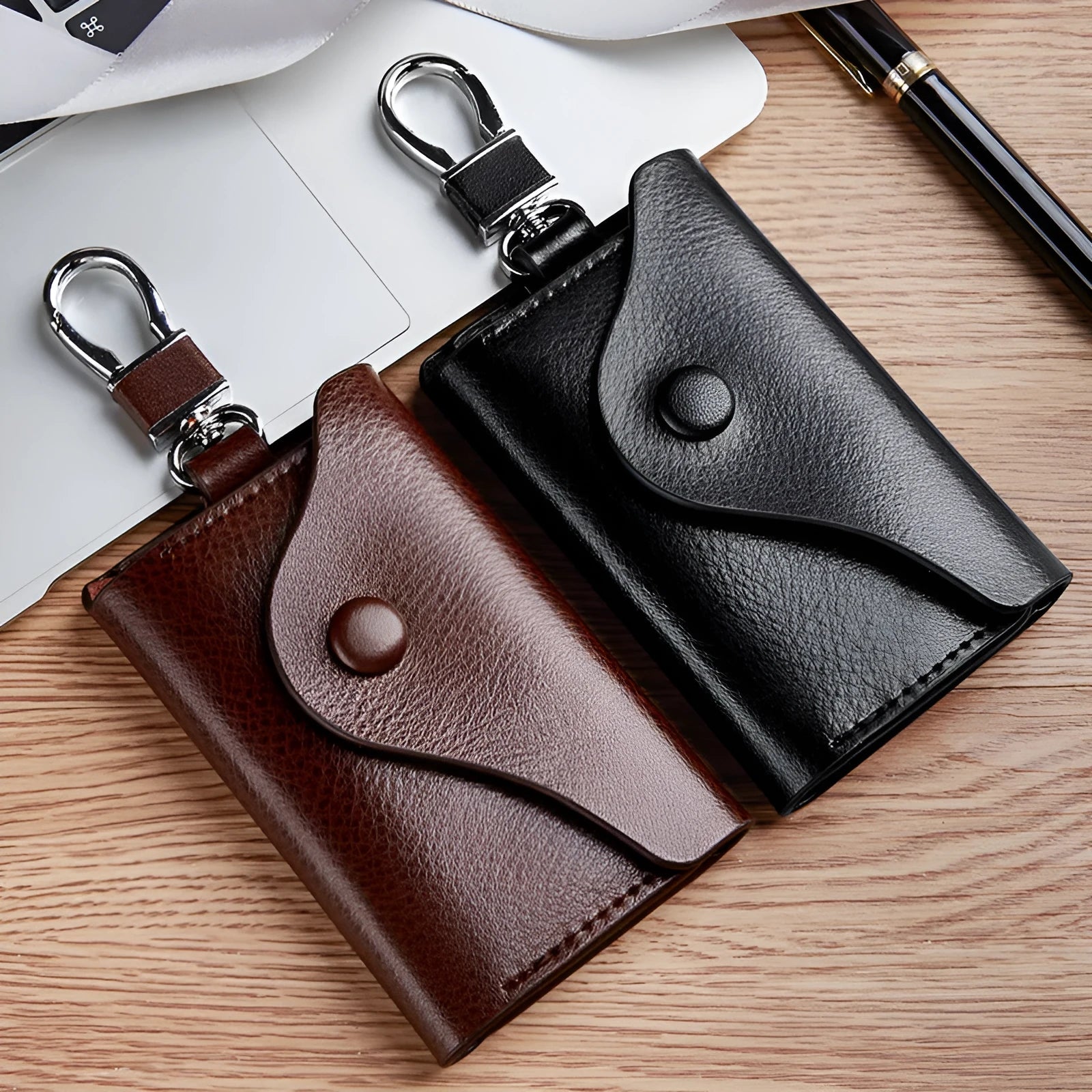 Genuine leather keychain card holder in square vertical design with key organisation