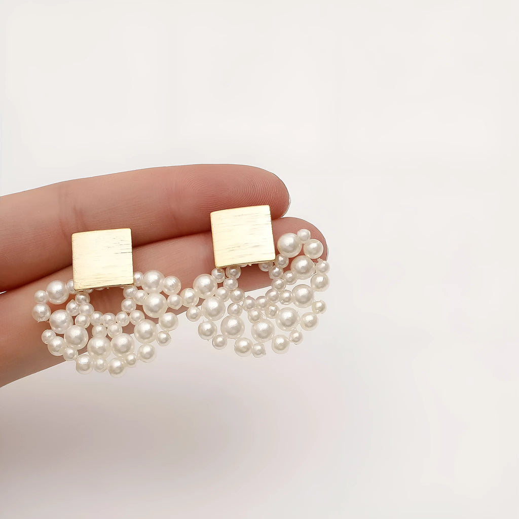 Handmade woven scalloped pearl stud earrings in 14K true gold electroplating alloy
