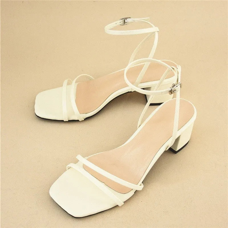 Beige women's sandals with a chunky stiletto heel, square toe, and adjustable ankle buckle on a white background.