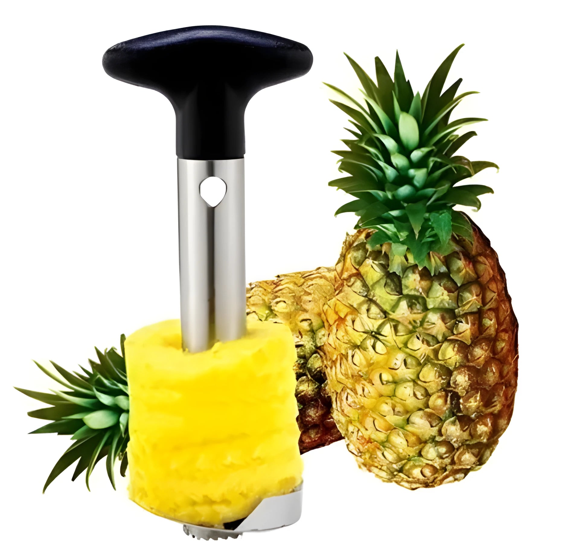 Stainless steel pineapple corer slicer with coloured ABS handle on kitchen counter