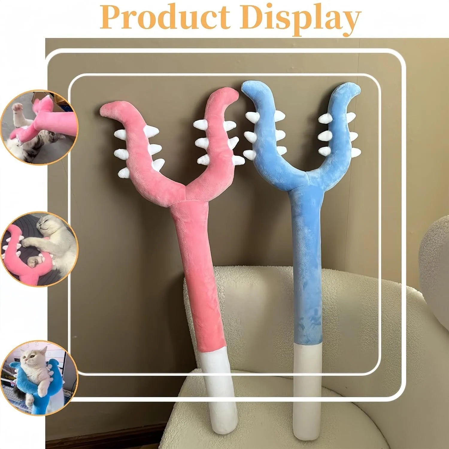 Blue plush cat wand toy extended to 70cm length with foam-filled front section