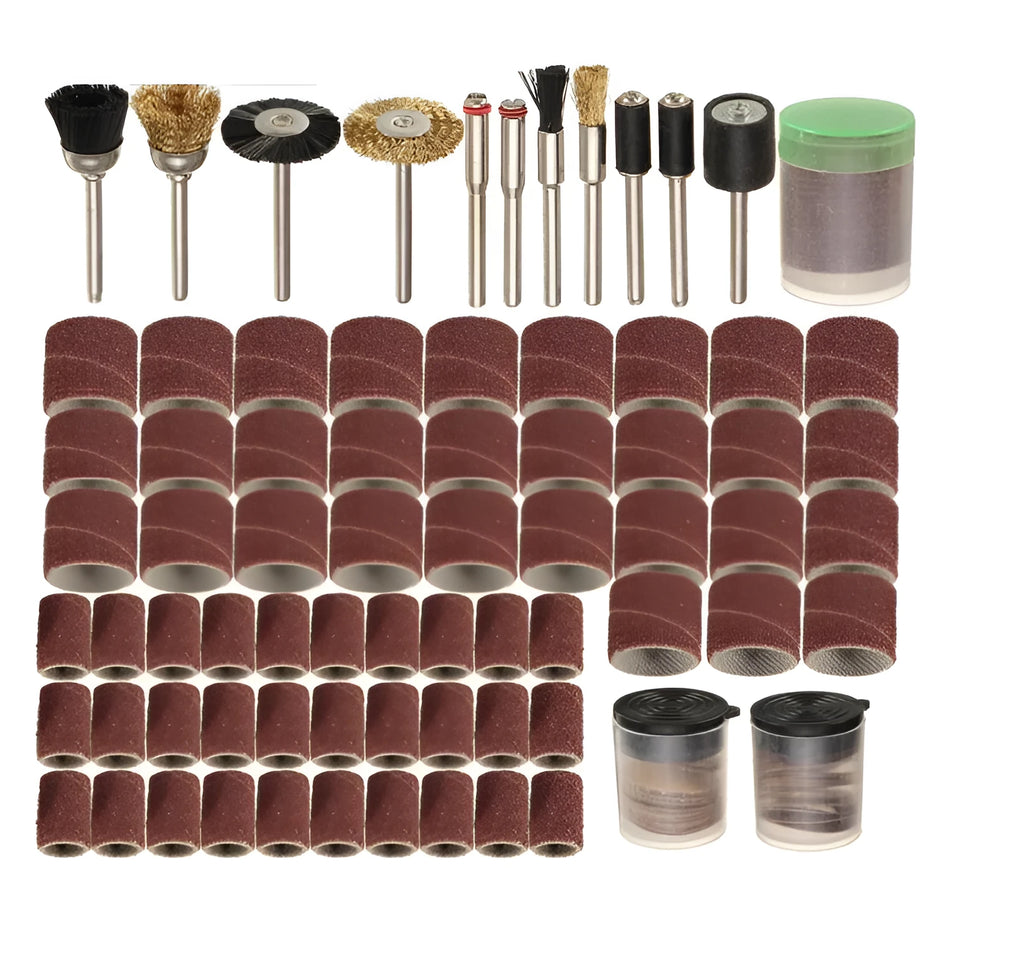 150-piece electric grinder accessory combo set with steel, copper, diamond, and wool components