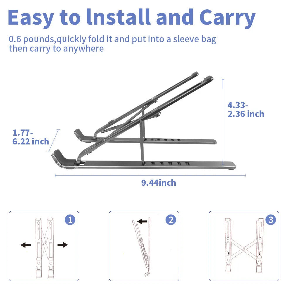 Silver aluminium laptop stand showing six height adjustment positions with laptop elevated