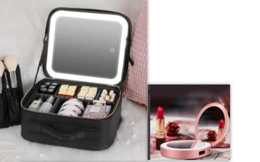 Luxury lighted vanity case with large storage compartment, adjustable professional lighting, and high-definition mirror for flawless on-the-go makeup application