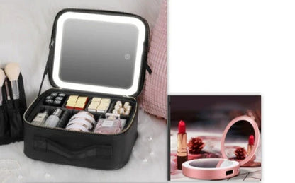 Luxury lighted vanity case with large storage compartment, adjustable professional lighting, and high-definition mirror for flawless on-the-go makeup application