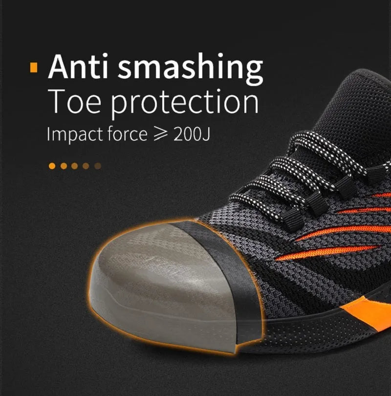 Lightweight non-slip protective work shoes for men blue flying woven upper low cut PU outsole industrial safety