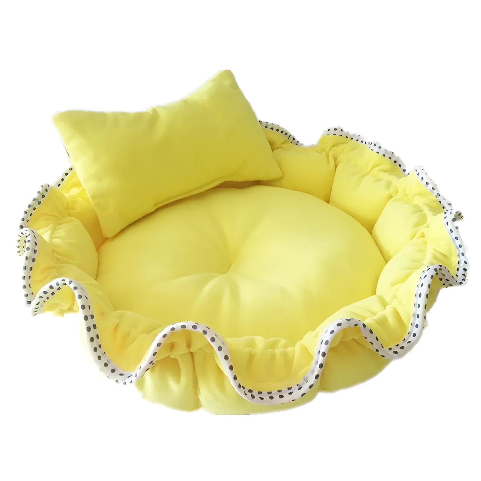 Yellow polar fleece bud-shaped small dog bed with pillow for pets under 10 kg