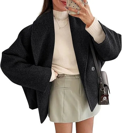 Double-breasted stand collar batwing sleeve solid colour polyester coat for petite, apricot, front view