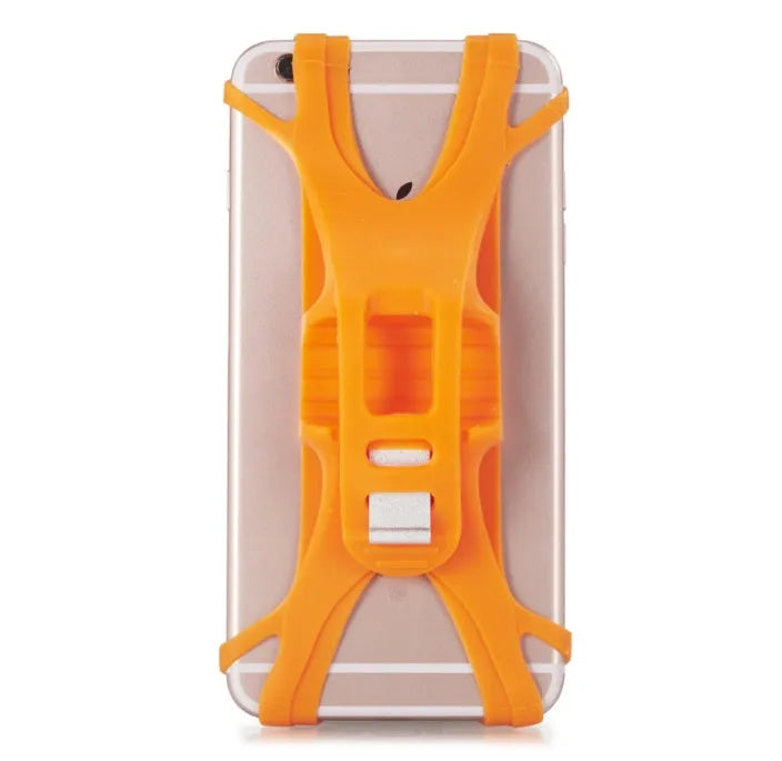 Silicone bicycle phone holder mounted on handlebars showing 3 adjustment holes and secure locking mechanism