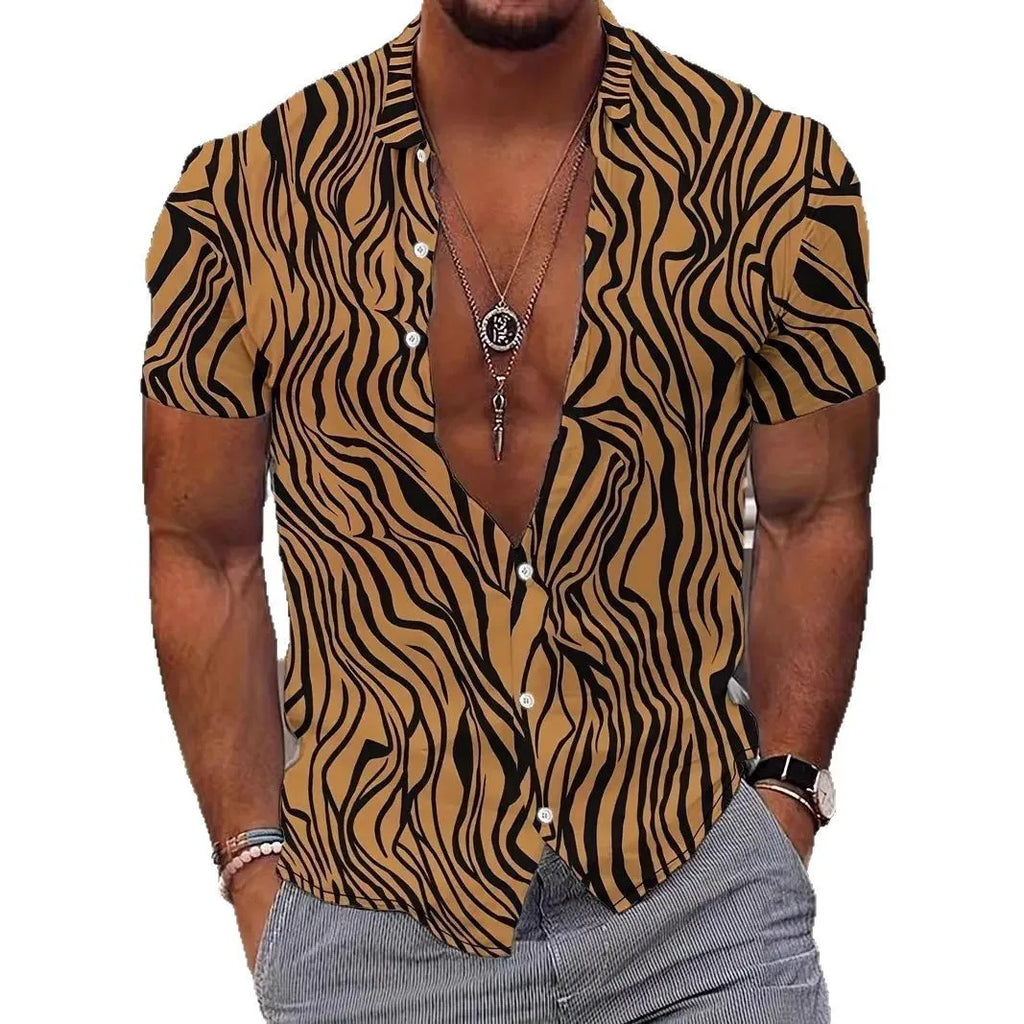 Men's slim-fit geometric line print short sleeve lapel cardigan shirt.
