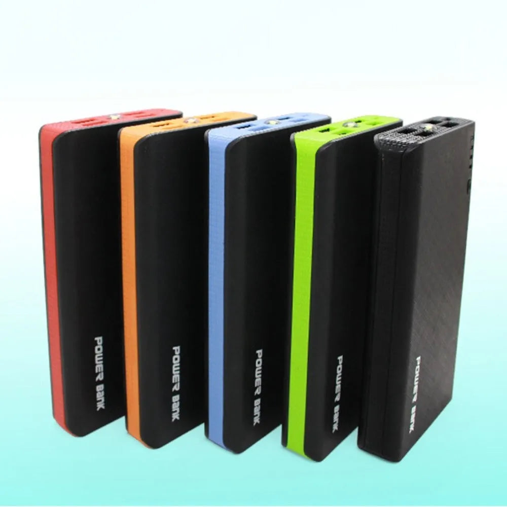 20000mAh portable power bank in multiple colours showing dimensions and fast charging label.