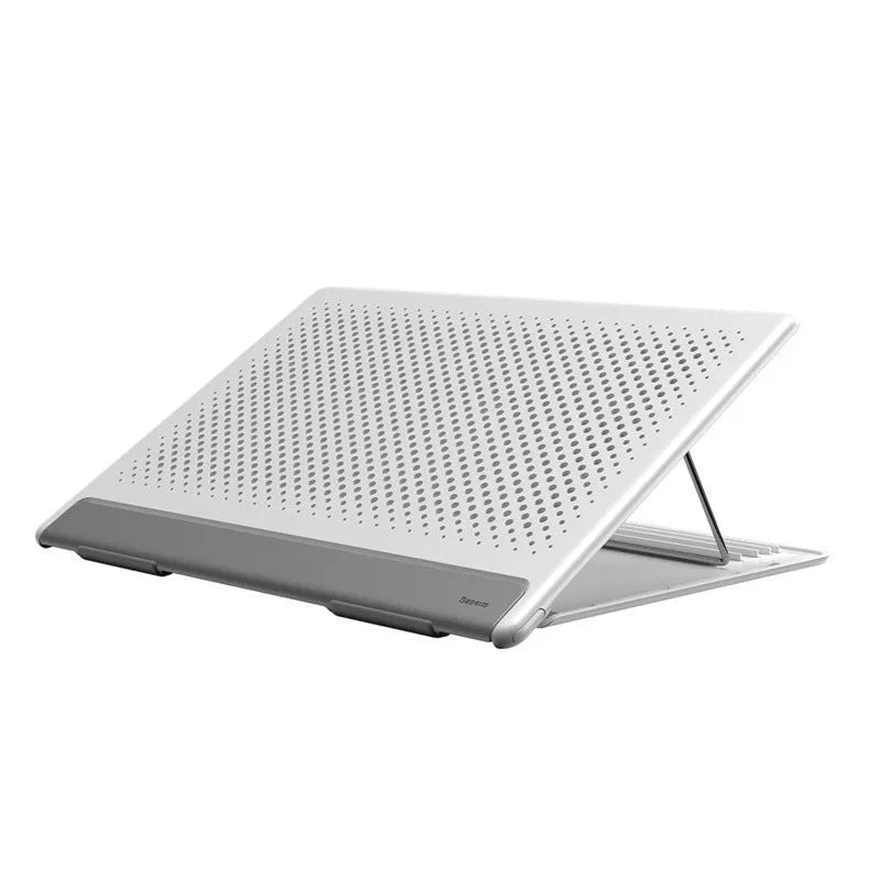 Portable black metal alloy laptop stand folded to 0.8mm thickness next to a notebook computer.