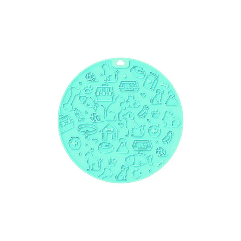 Round silicone pet licking mat with suction cup base in blue colour variant