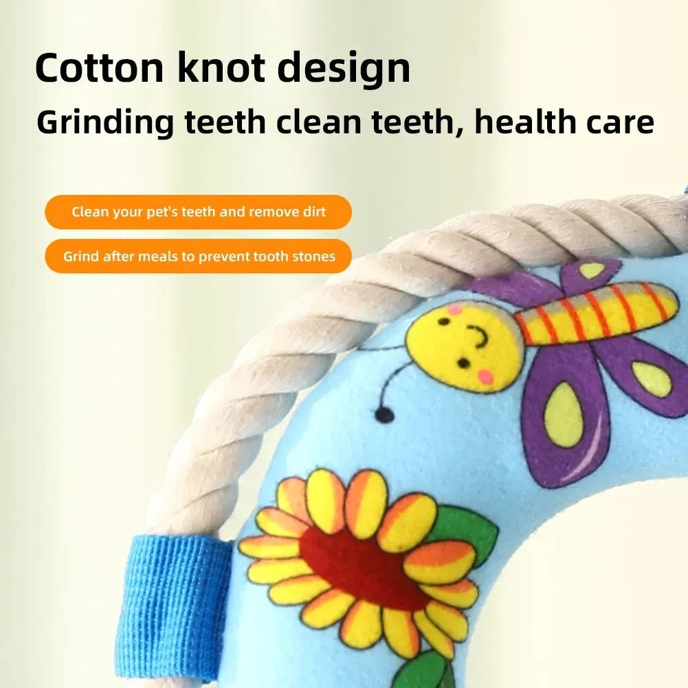 25 cm plush dog pull ring toy with squeaker in blue, red or yellow for puppies and small dogs