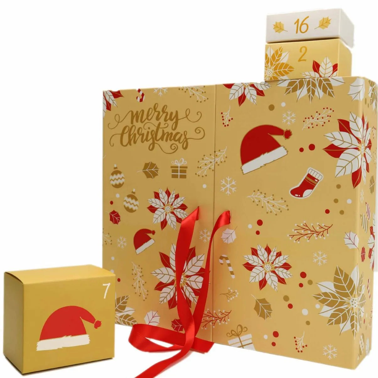 Yellow countdown calendar Christmas gift box with double doors and oil painting style finish on a shelf