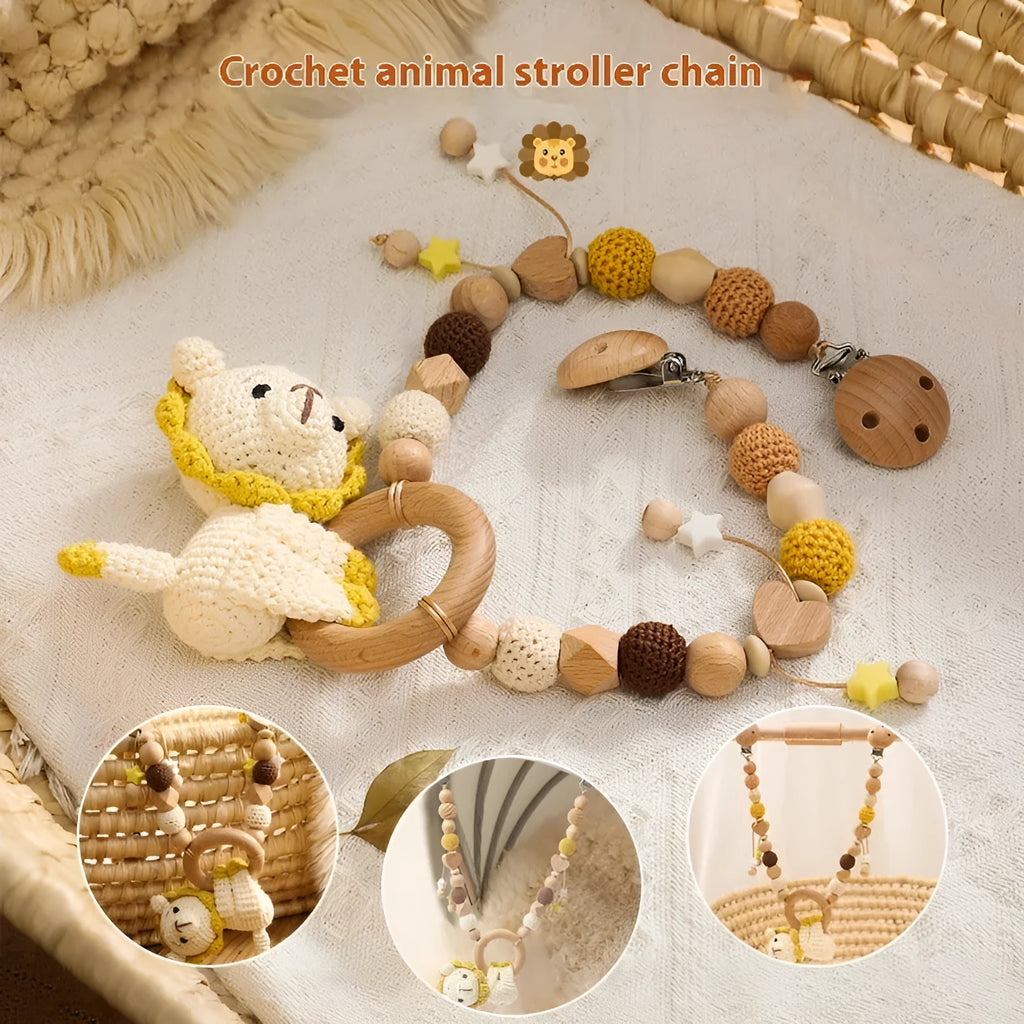 Baby crib hanging bunny music toy with metal construction in cart chain rabbit colour, showing biteable pendant for infant soothing and development.