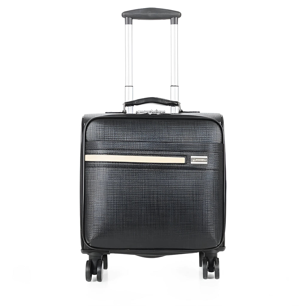 18-inch black PU leather wheeled business case with secure locking mechanism