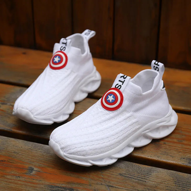 White children's knitted slippers with thick MD soles and sleeve-style design