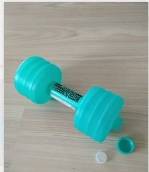 Pair of water-filled fitness dumbbells in pink and green, polypropylene, approximately 1kg each when filled