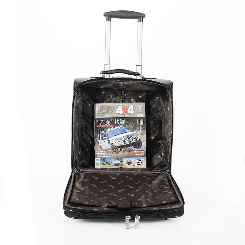 18-inch black PU leather wheeled business case with secure locking mechanism