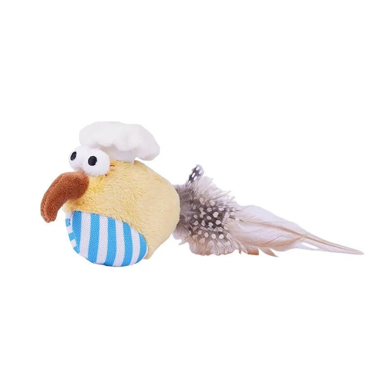 Bird catnip cat toy self-hi teaser in fleece cloth and woven fabric, Fat Kitchen Bird and Sleepy Bird options