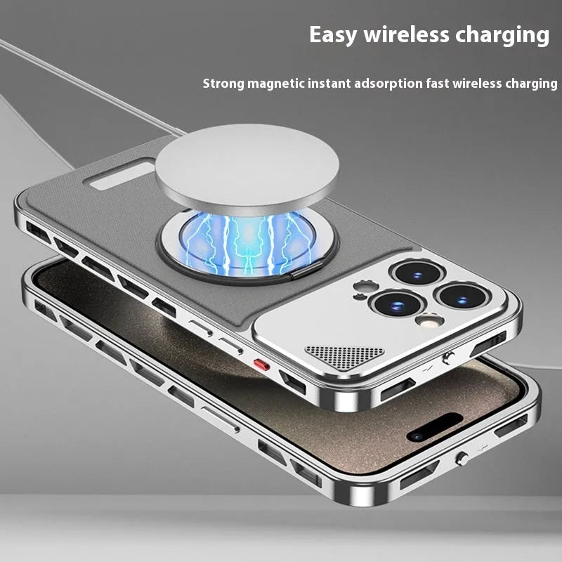 Aluminium alloy leather phone case with rotating bracket and magnetic suction for Apple iPhone, black brown colour