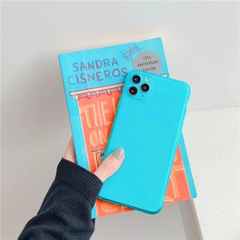 Transparent fluorescent TPU phone case for Apple iPhone 13 14 15, back cover in dark blue orange purple yellow rose light purple.