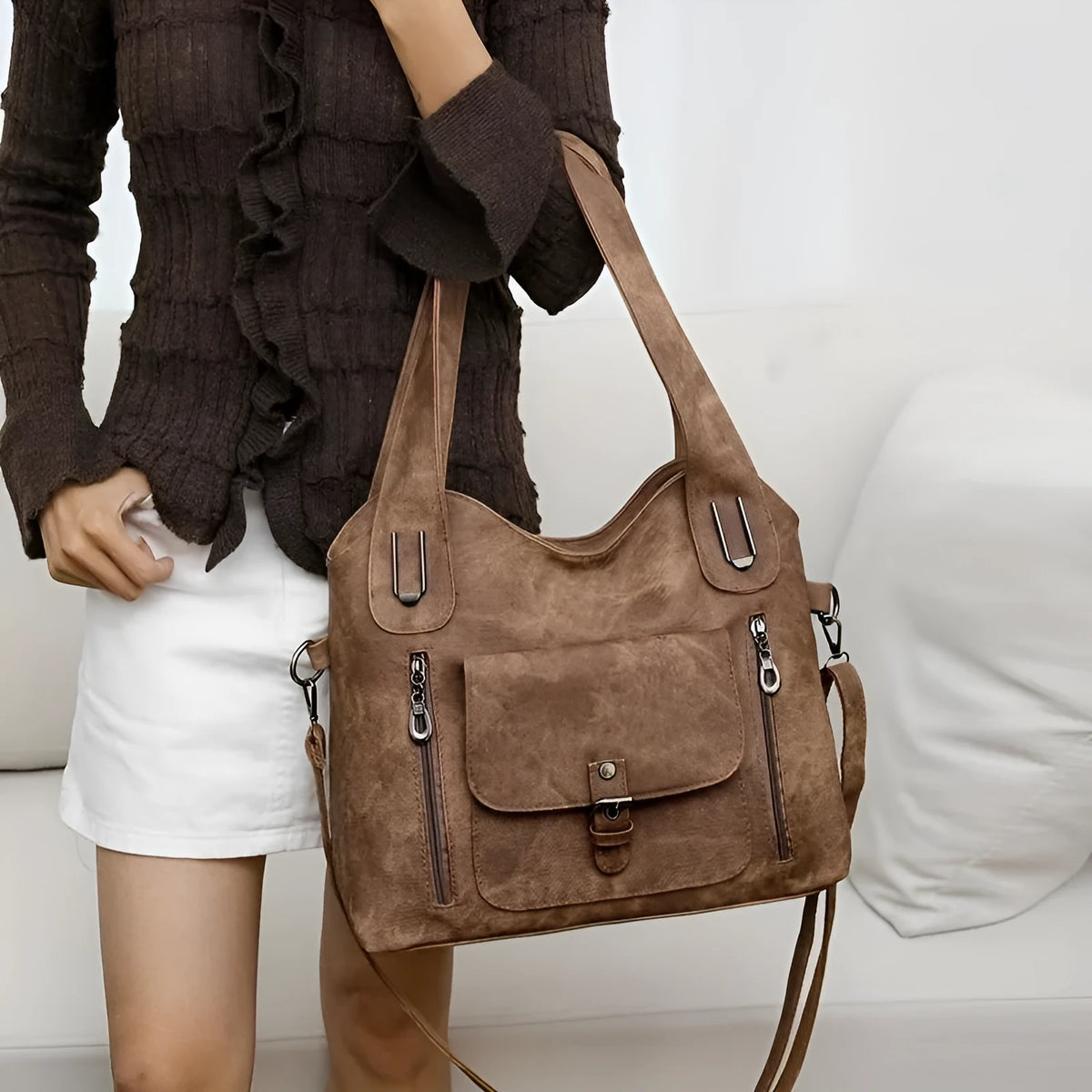 Soft synthetic leather vintage handbag with metal elements, available in blue, brown, khaki, beige, black, gray, and light blue.