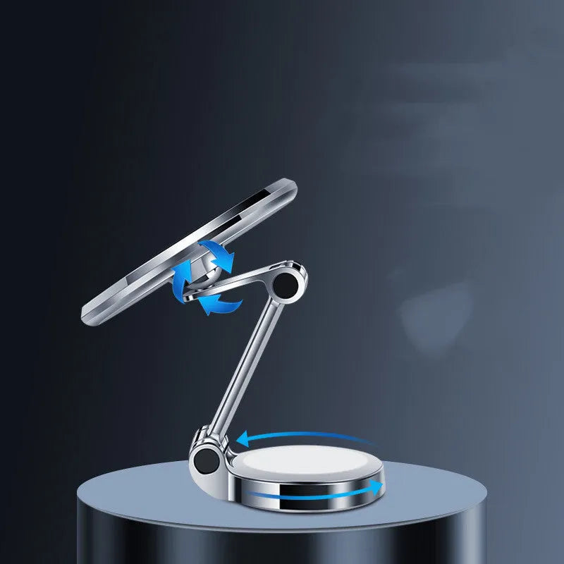 Black car phone mount with magnetic adhesive for centre console installation showing 360-degree rotation capability