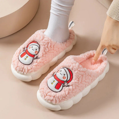 Cozy snowman-designed slippers with plush upper and anti-slip sole for indoor winter wear