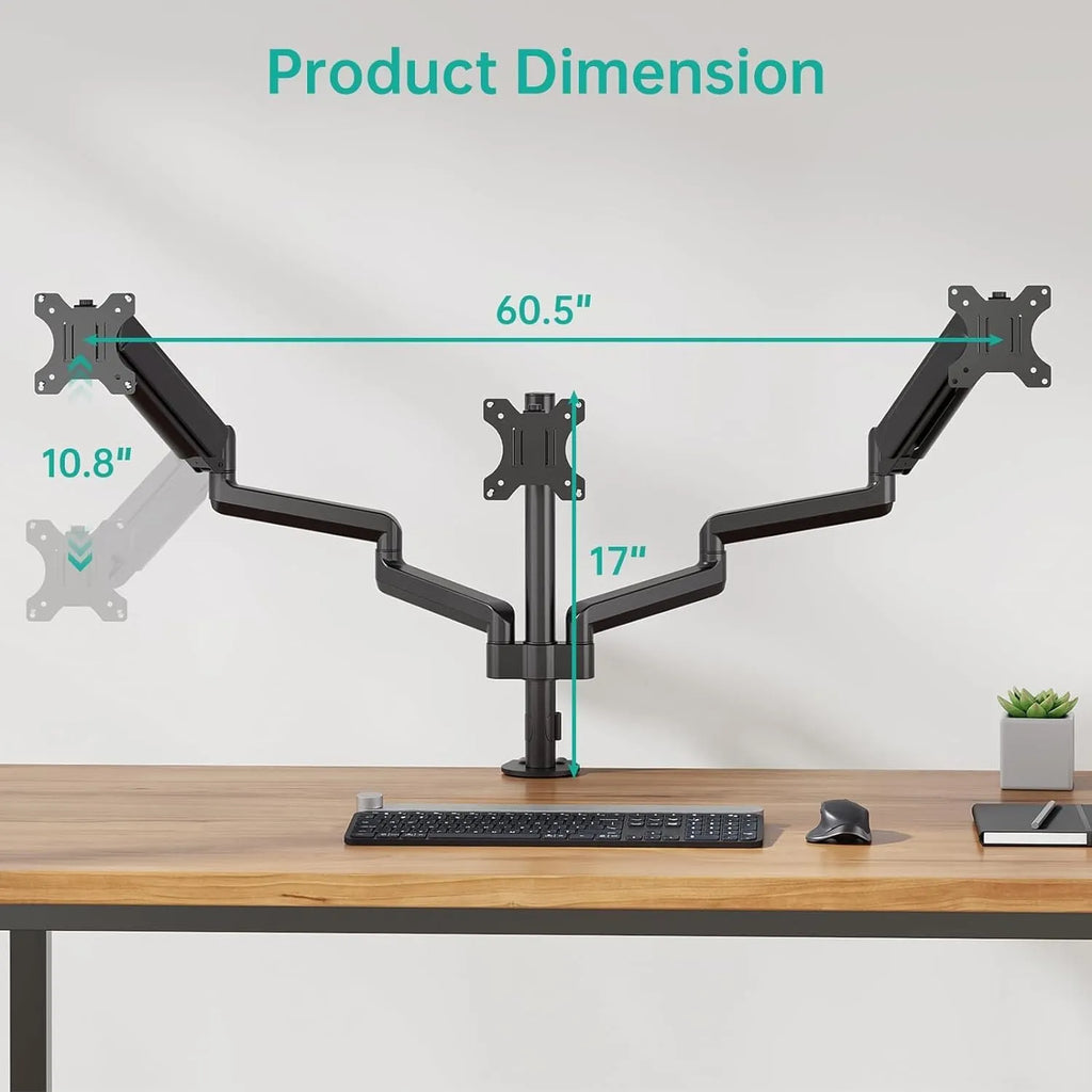 Black three-arm gas spring monitor mounting arm for computer screens up to 27 inches.