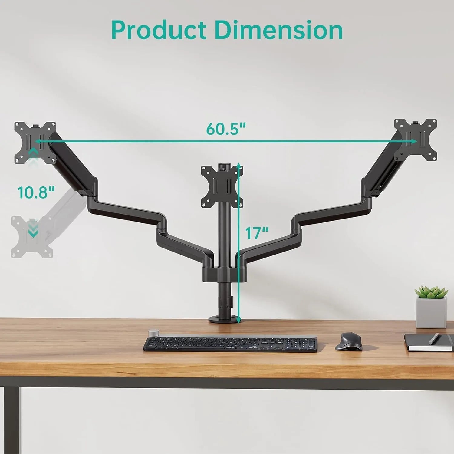 Black three-arm gas spring monitor mounting arm for computer screens up to 27 inches.