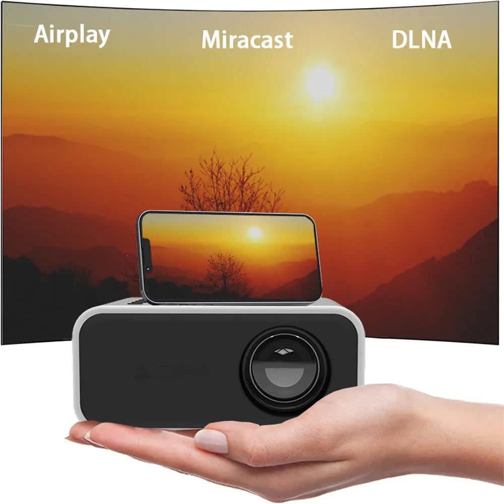 YT300 portable mini projector in black or white with compact design showing connectivity ports and remote control