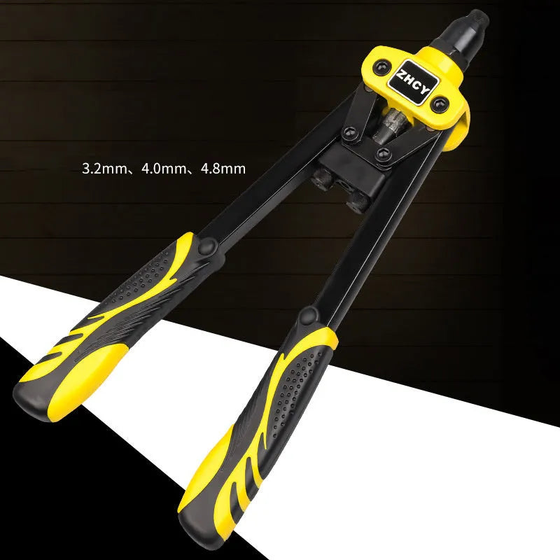 Yellow 13-inch manual rivet gun with three built-in tip sizes for household repair work