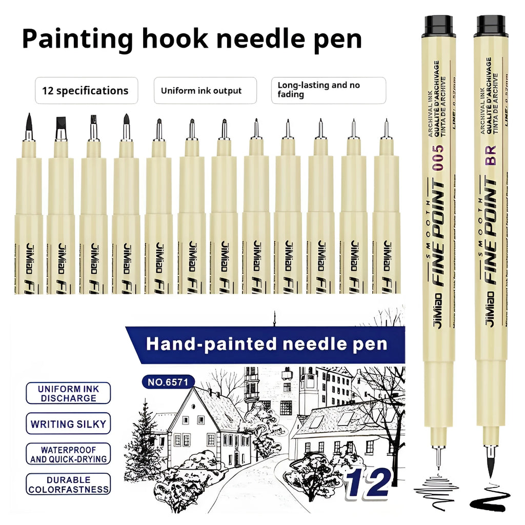 Waterproof syringe-style needle pen for drawing and illustration with black ink refill