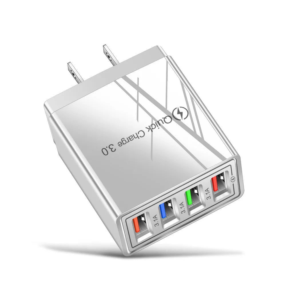 Four-port USB wall charger with luminous light, shown in dark blue colour with EU plug.