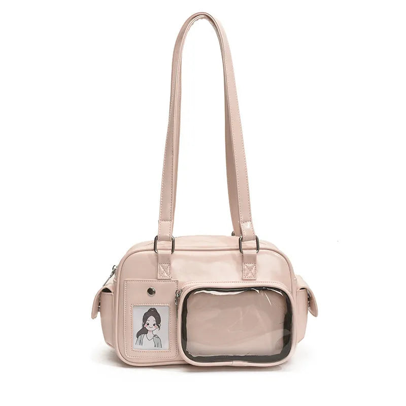 Large capacity transparent cartoon crossbody backpack in white with sewing thread details
